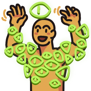 a figure from the waist up, raising their arms above their head and wiggling their fingers. They have a big smile on their face. they are glowing green eyes and surrounding their chest, shoulders, and upper arms. They are floating, and non-realistic. There is one larger eye floating above their head